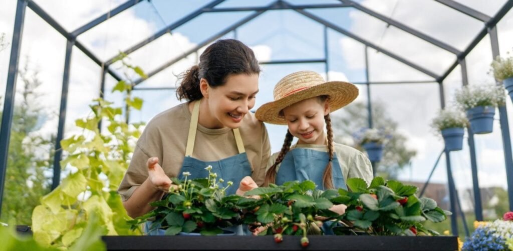 Mother teaching child about sustainable farming practices